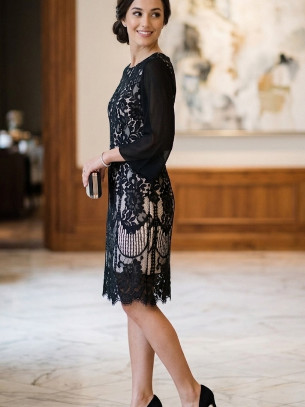 & Other Stories Black Lace Midi Dress with Nude Lining